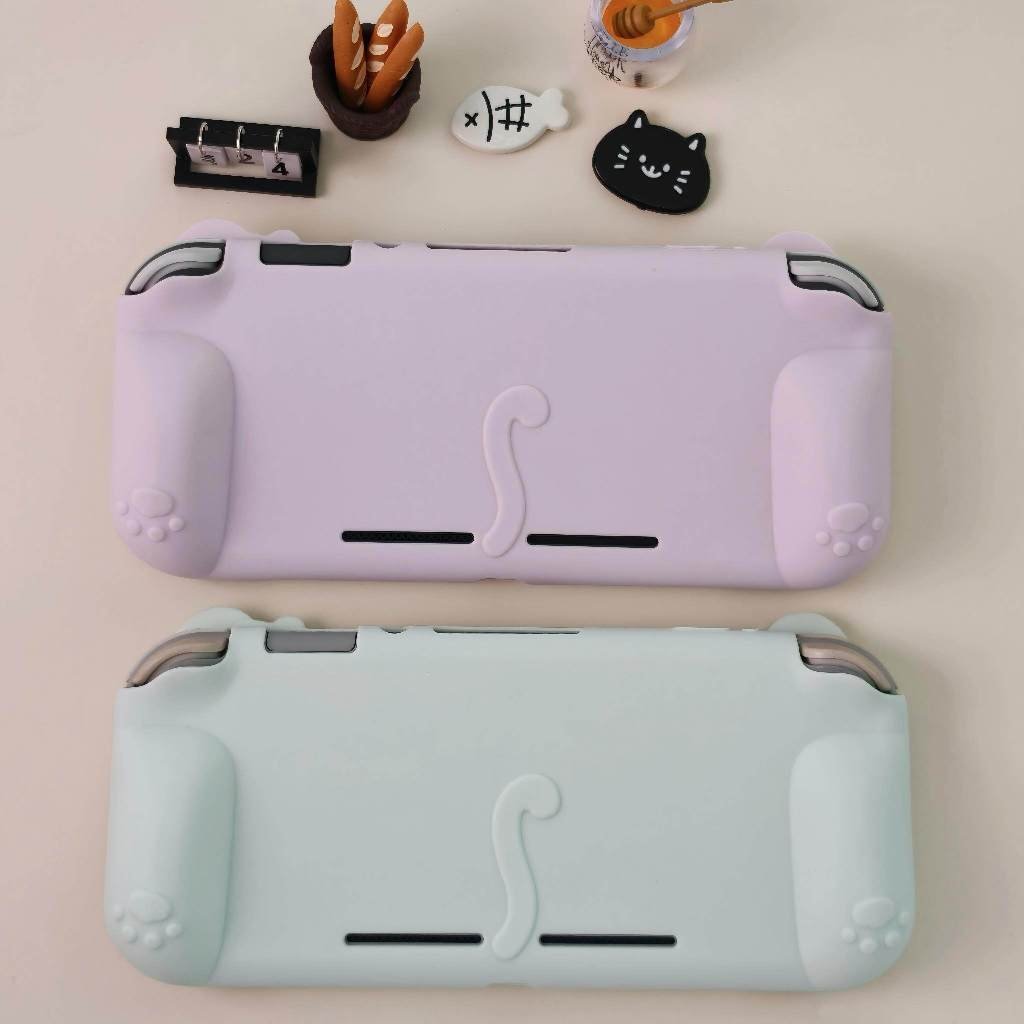NS Lite Cat Silicone Case + 2pcs Cat Paw Joystick Cap Set, Full Cover Silicone Case with Grip Handle for Switch Lite - Image 2