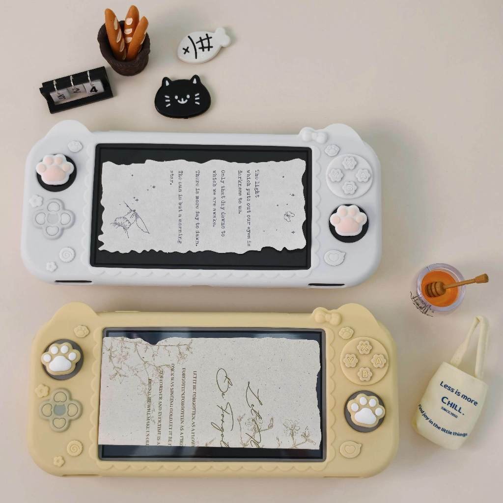 NS Lite Cat Silicone Case + 2pcs Cat Paw Joystick Cap Set, Full Cover Silicone Case with Grip Handle for Switch Lite - Image 3