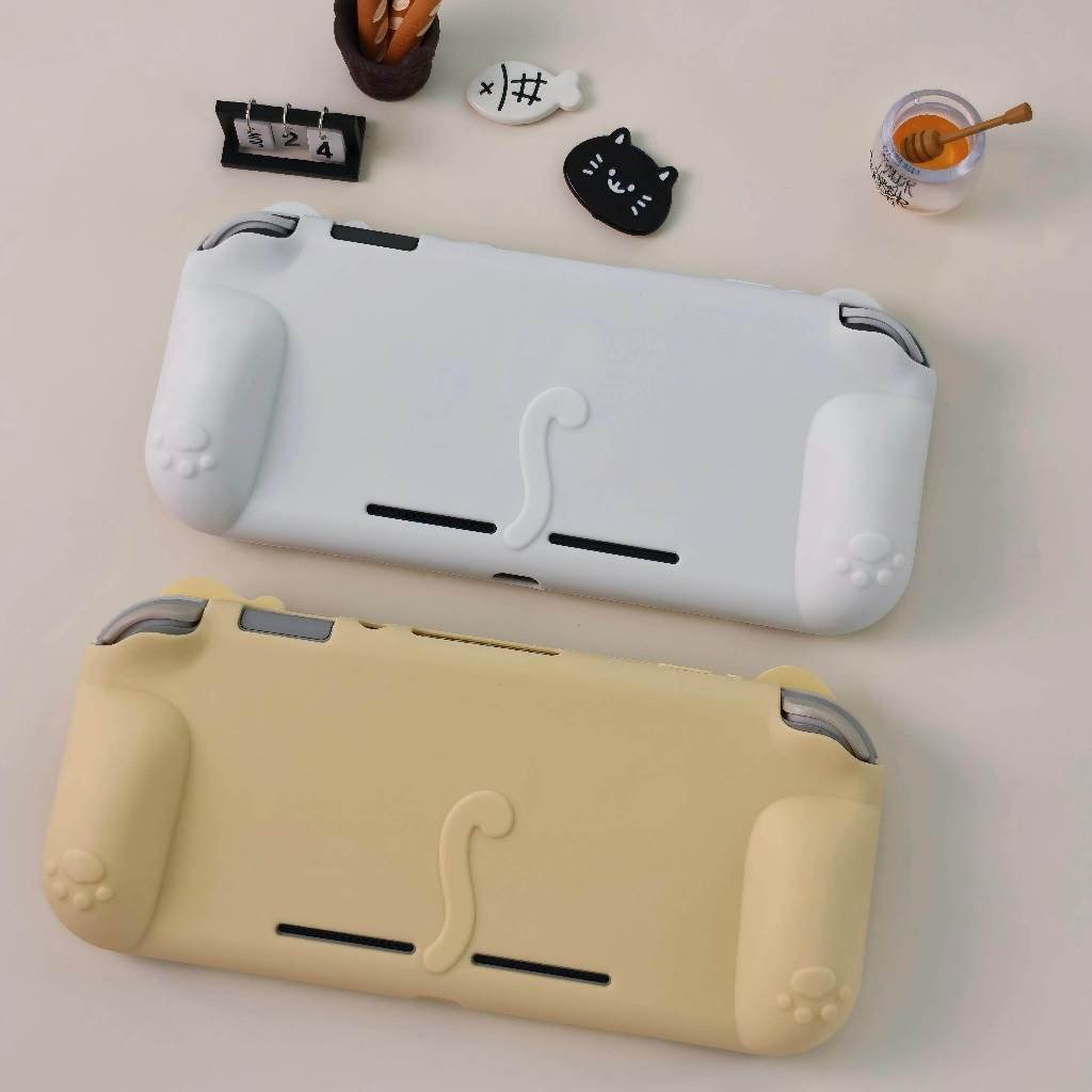 NS Lite Cat Silicone Case + 2pcs Cat Paw Joystick Cap Set, Full Cover Silicone Case with Grip Handle for Switch Lite - Image 4