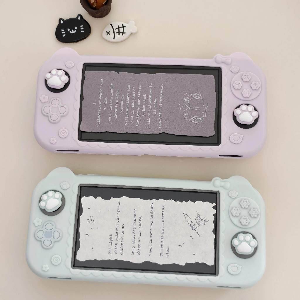 NS Lite Cat Silicone Case + 2pcs Cat Paw Joystick Cap Set, Full Cover Silicone Case with Grip Handle for Switch Lite