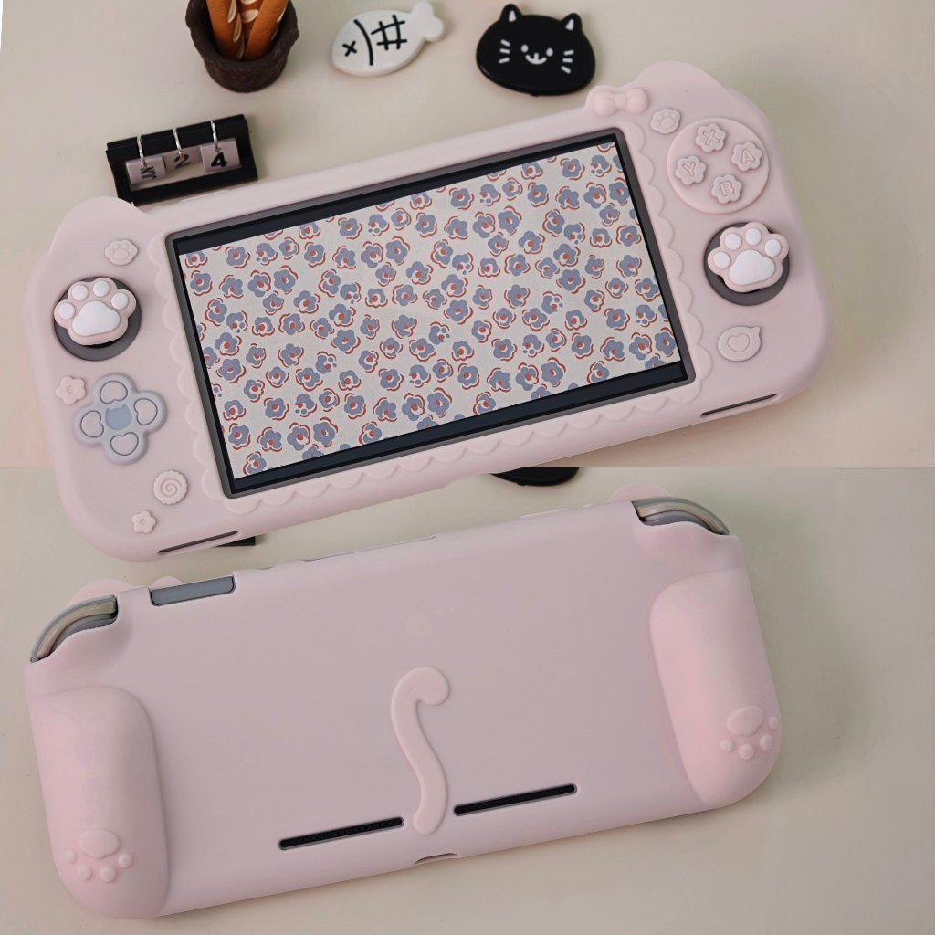 NS Lite Cat Silicone Case + 2pcs Cat Paw Joystick Cap Set, Full Cover Silicone Case with Grip Handle for Switch Lite - Image 5