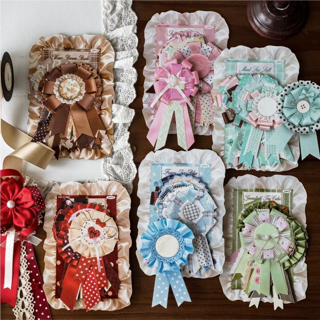 Ribbon Rosette White Kraft Paper Collage Card Sticker Pack Realistic Gift Decoration Journal Stickers