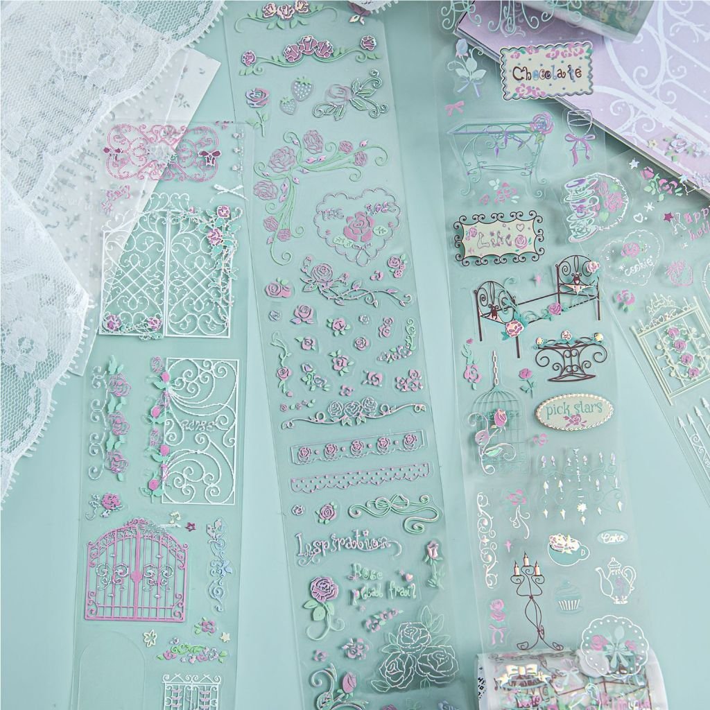 PET 3D Silver Foil Die-Cut Tape Wrought Iron Rose Story Dreamy Aesthetic Letter Decoration Stickers DIY