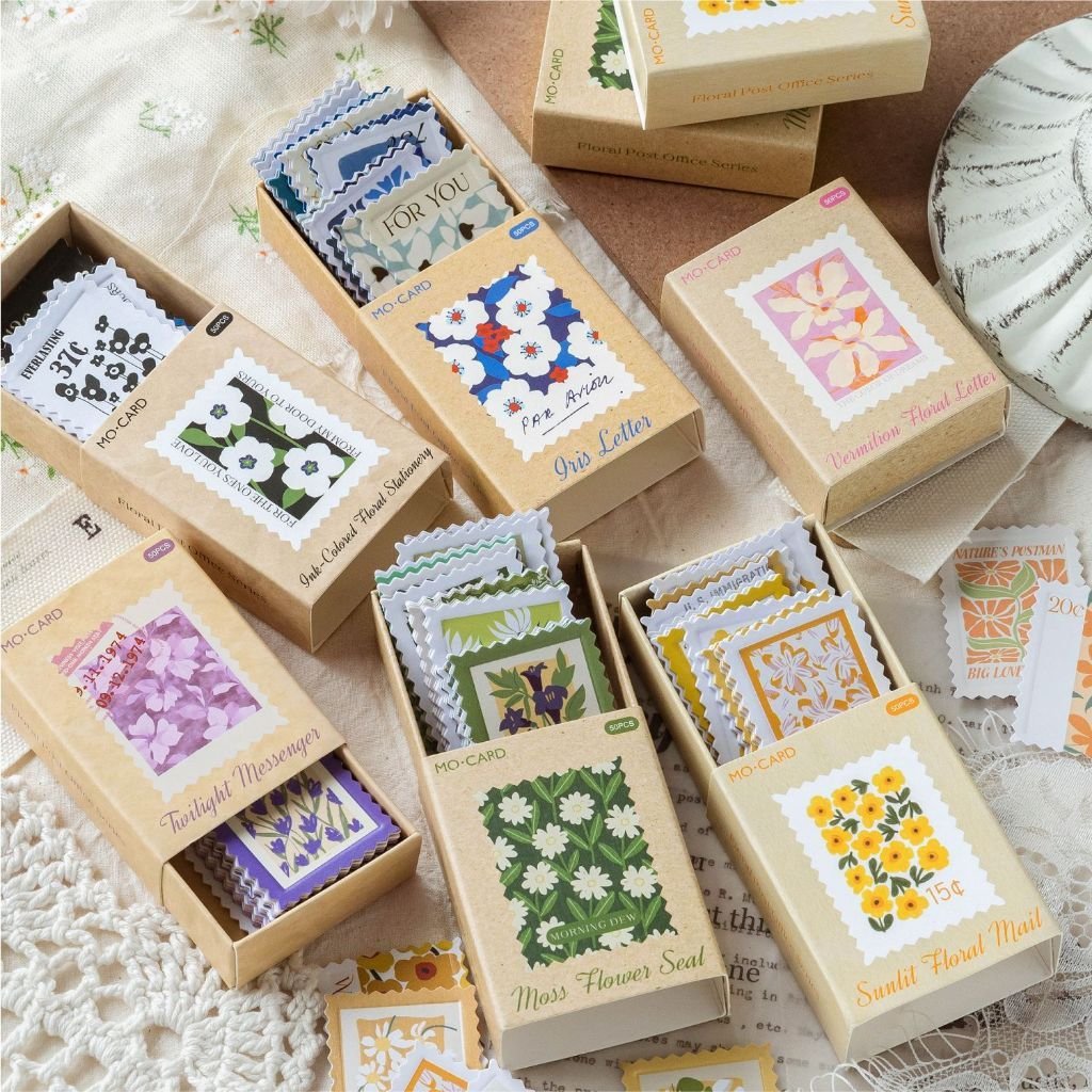 Coated Paper Embossed Matchbox Stamp Stickers Flower Post Office Series Vintage Floral Theme Decoration - Image 2
