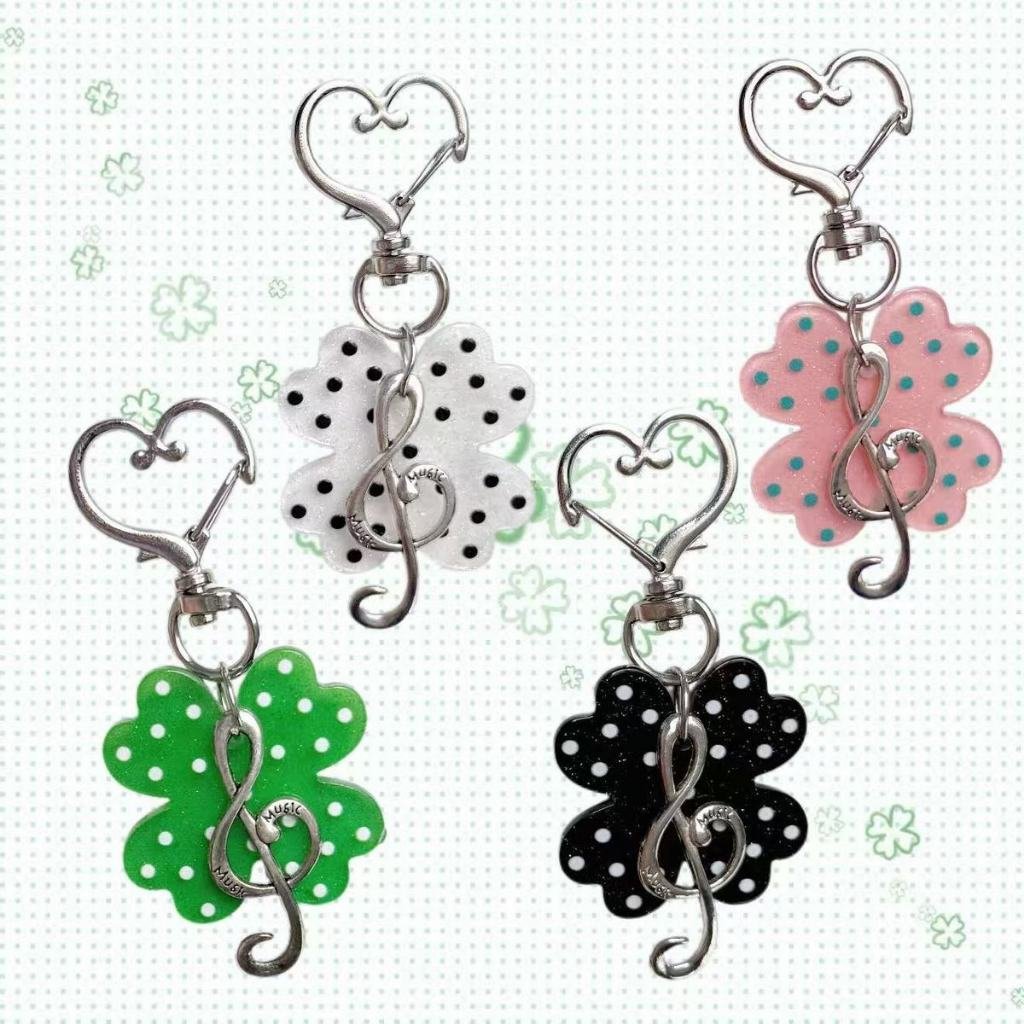 Original Handmade Vintage Music Note Cute Polka Dot Four-Leaf Clover Glitter Keychain, Alt Subculture Accessory
