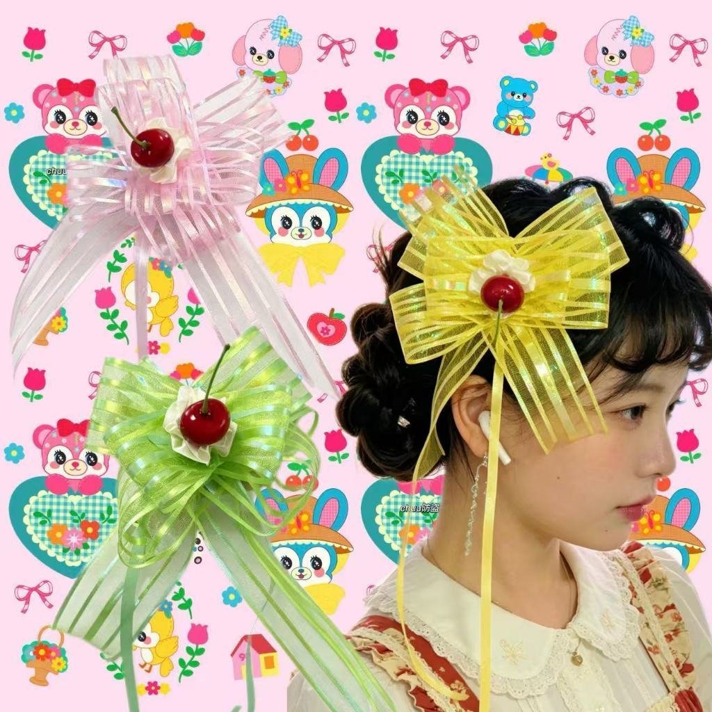 Original Handmade Retro Showa Style Ribbon Bow Headband & Yellow/Pink Cherry Hair Clips, Sweet Cute Hair Accessories