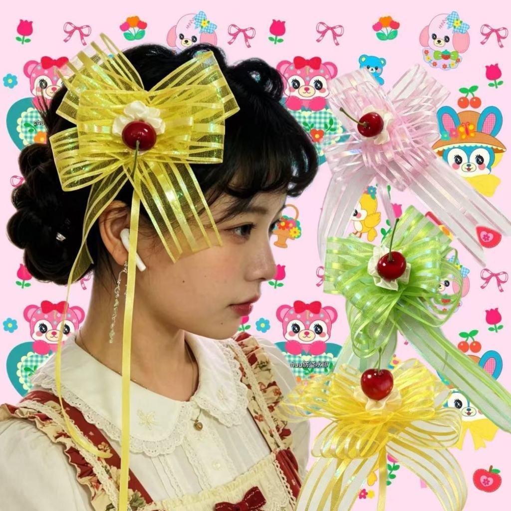 Original Handmade Retro Showa Style Ribbon Bow Headband & Yellow/Pink Cherry Hair Clips, Sweet Cute Hair Accessories - Image 3