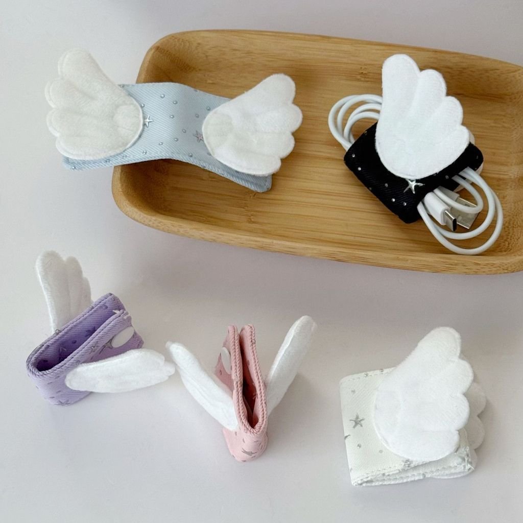 Cute Angel Wings Fabric Cable Organizer, Gold Foil Handmade Charging Cable Holder & Brush Storage Pouch