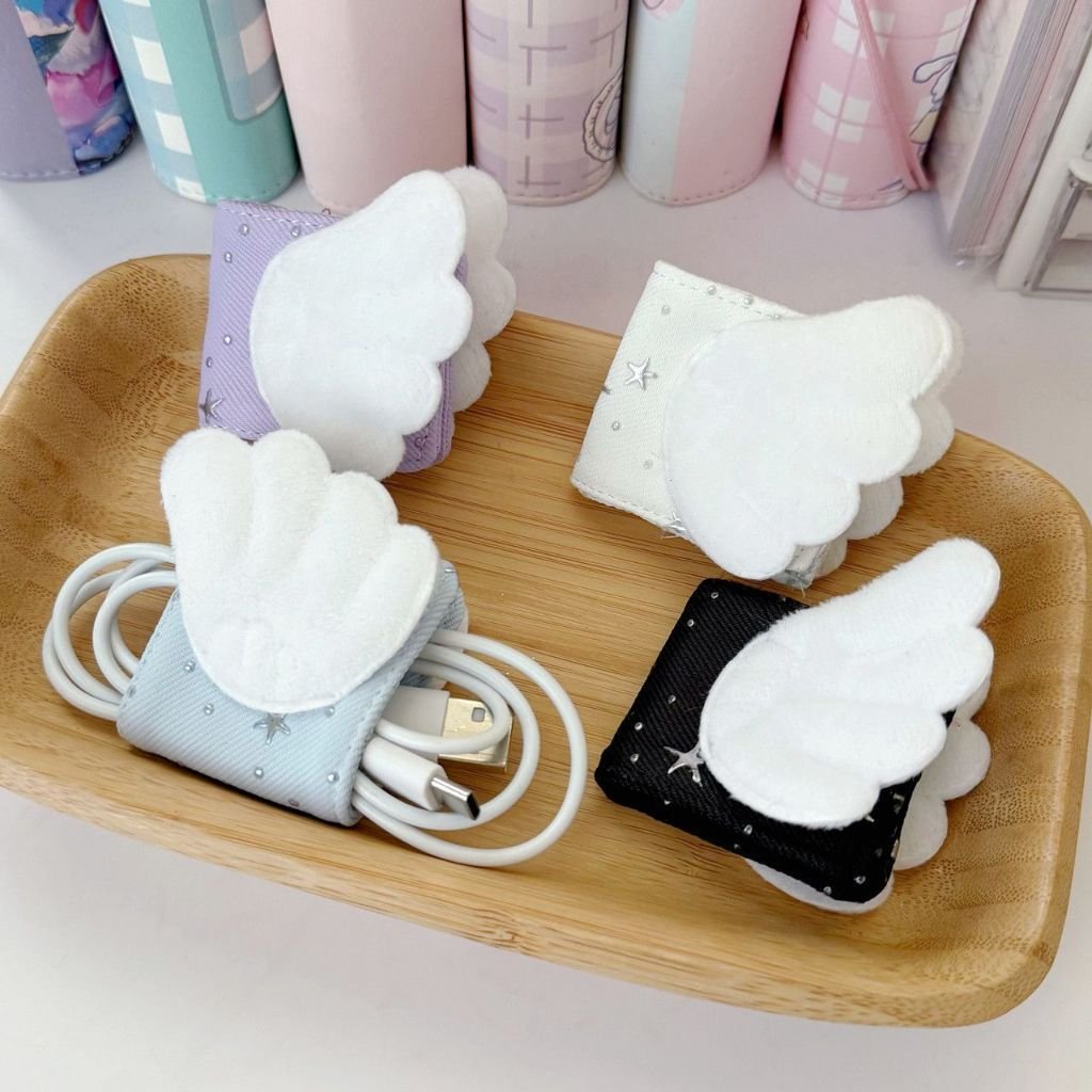 Cute Angel Wings Fabric Cable Organizer, Gold Foil Handmade Charging Cable Holder & Brush Storage Pouch - Image 4