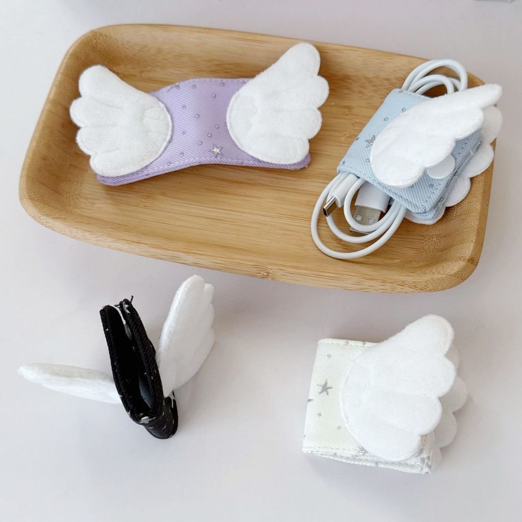 Cute Angel Wings Fabric Cable Organizer, Gold Foil Handmade Charging Cable Holder & Brush Storage Pouch - Image 2