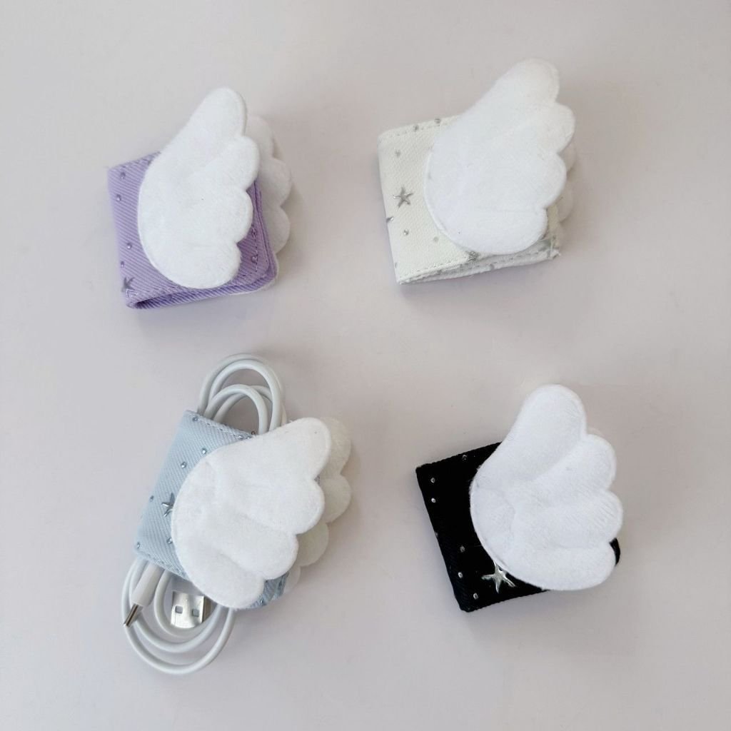 Cute Angel Wings Fabric Cable Organizer, Gold Foil Handmade Charging Cable Holder & Brush Storage Pouch - Image 3