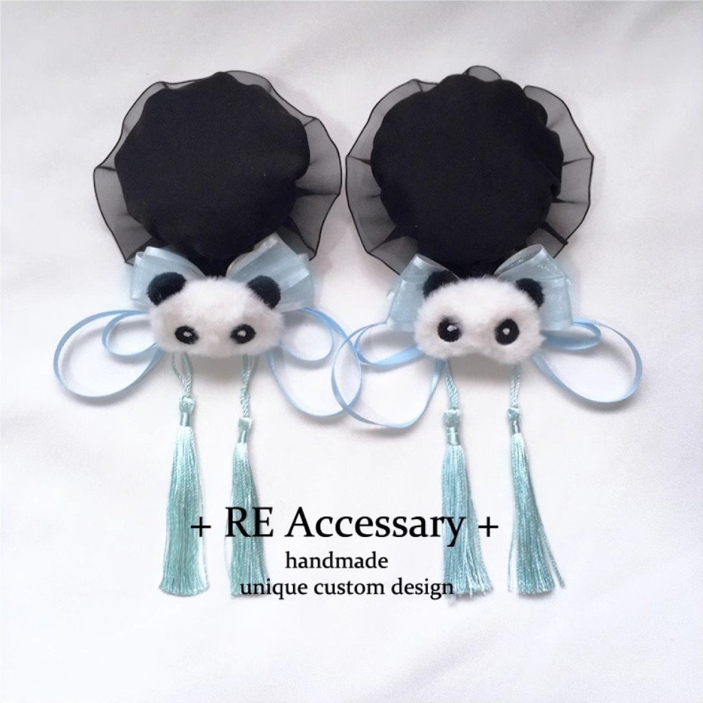 Handmade Panda Hair Bun Cover, Lolita Chinese Style Qipao Tassel Hair Clip, Chun-Li Bun Headpiece - Image 3