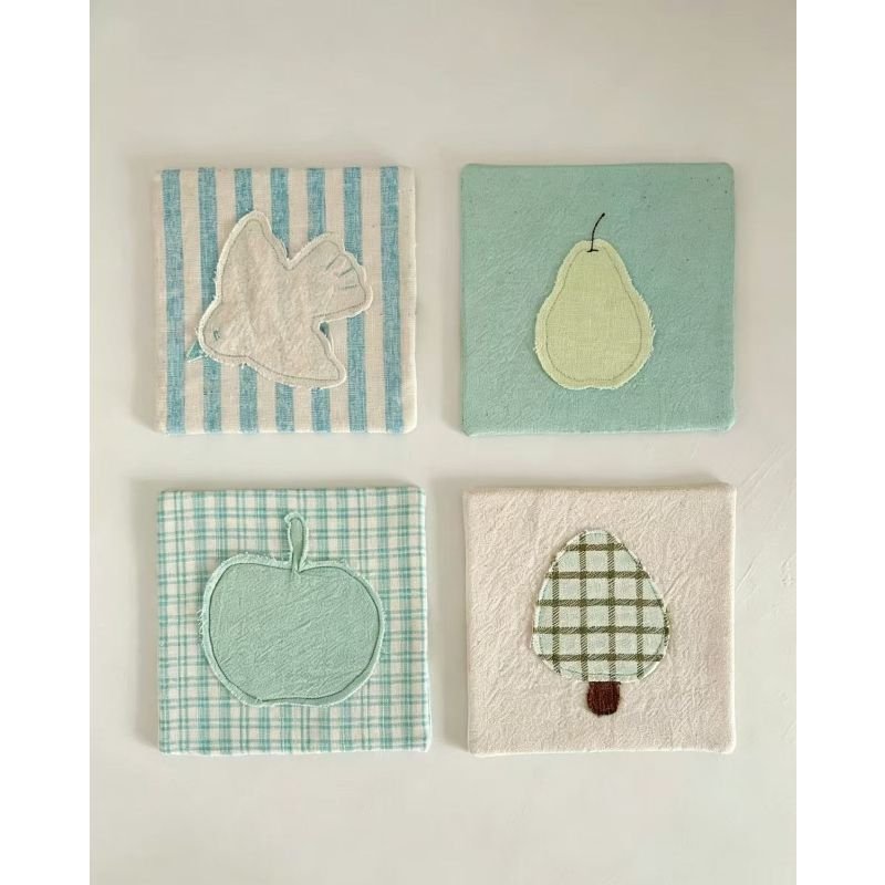 Fresh Fabric Coaster Cute Bird & Green Apple Design, Embroidered Patchwork Table Decor Heat-Resistant Daily Homeware - Image 8