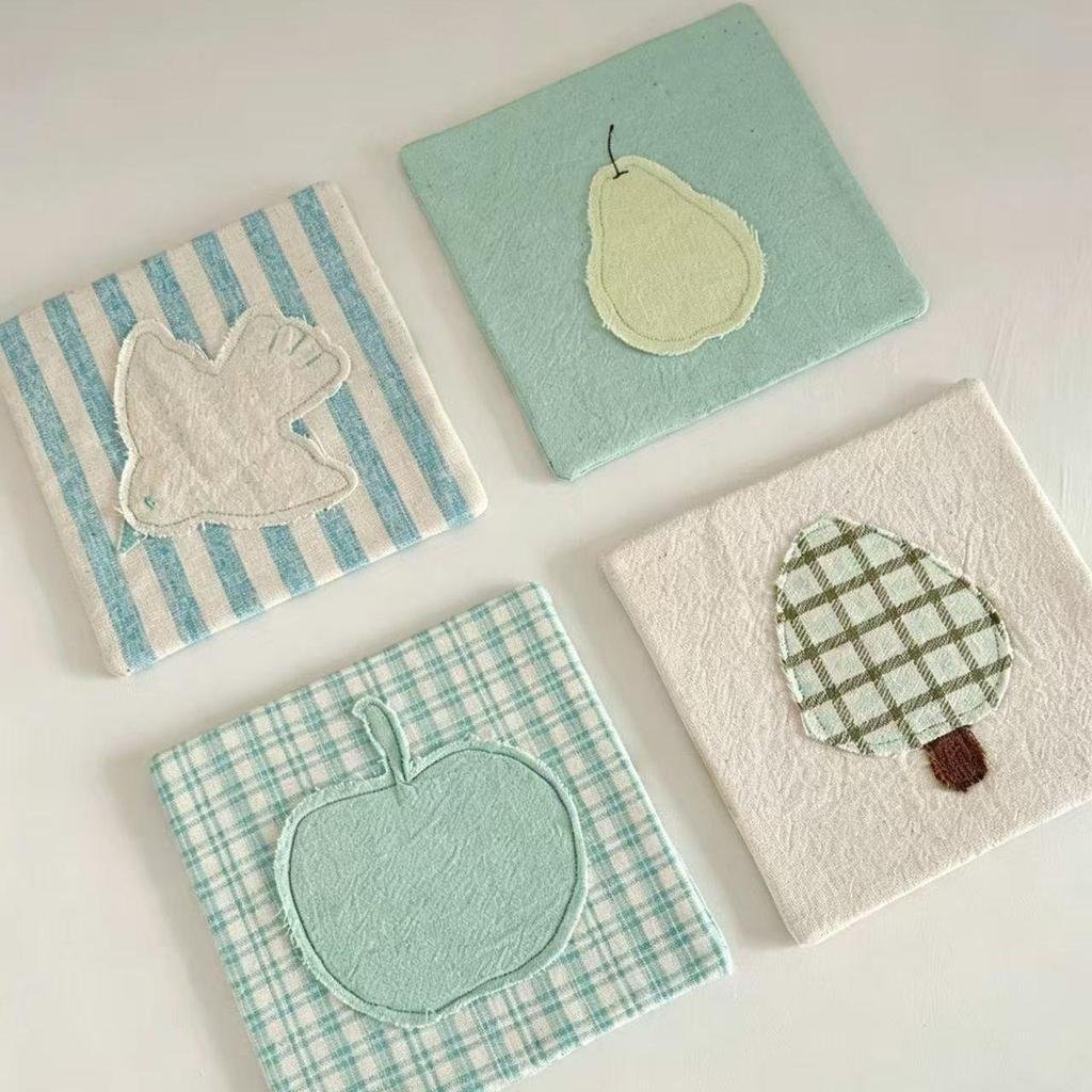 Fresh Fabric Coaster Cute Bird & Green Apple Design, Embroidered Patchwork Table Decor Heat-Resistant Daily Homeware - Image 2