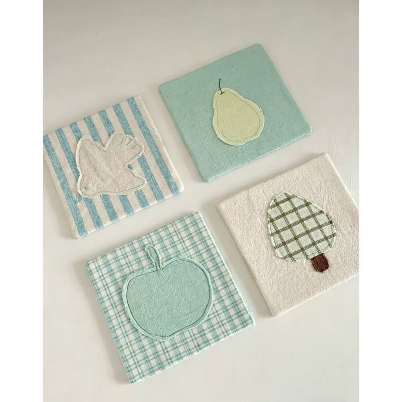 Fresh Fabric Coaster Cute Bird & Green Apple Design, Embroidered Patchwork Table Decor Heat-Resistant Daily Homeware - Image 9