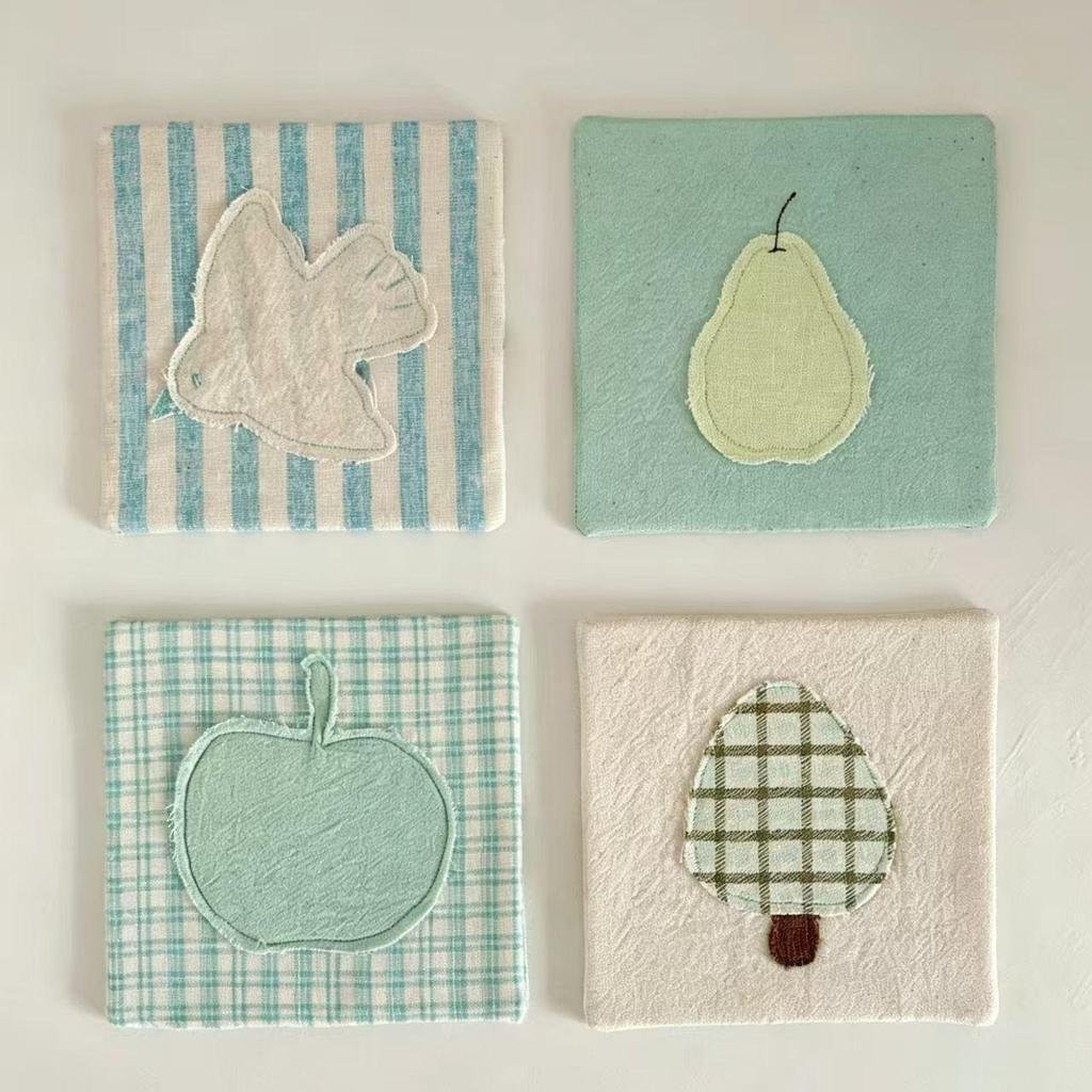 Fresh Fabric Coaster Cute Bird & Green Apple Design, Embroidered Patchwork Table Decor Heat-Resistant Daily Homeware