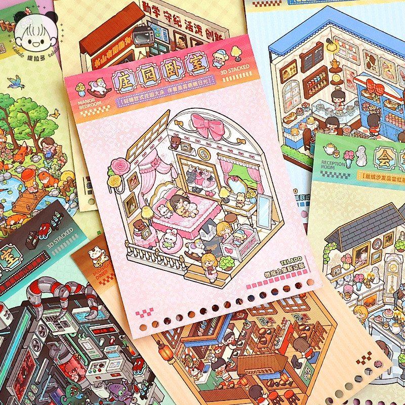 Tirado Miniature Scene Collaboration Collection Sticker Book DIY Cartoon House Building Stickers for Girls Kids
